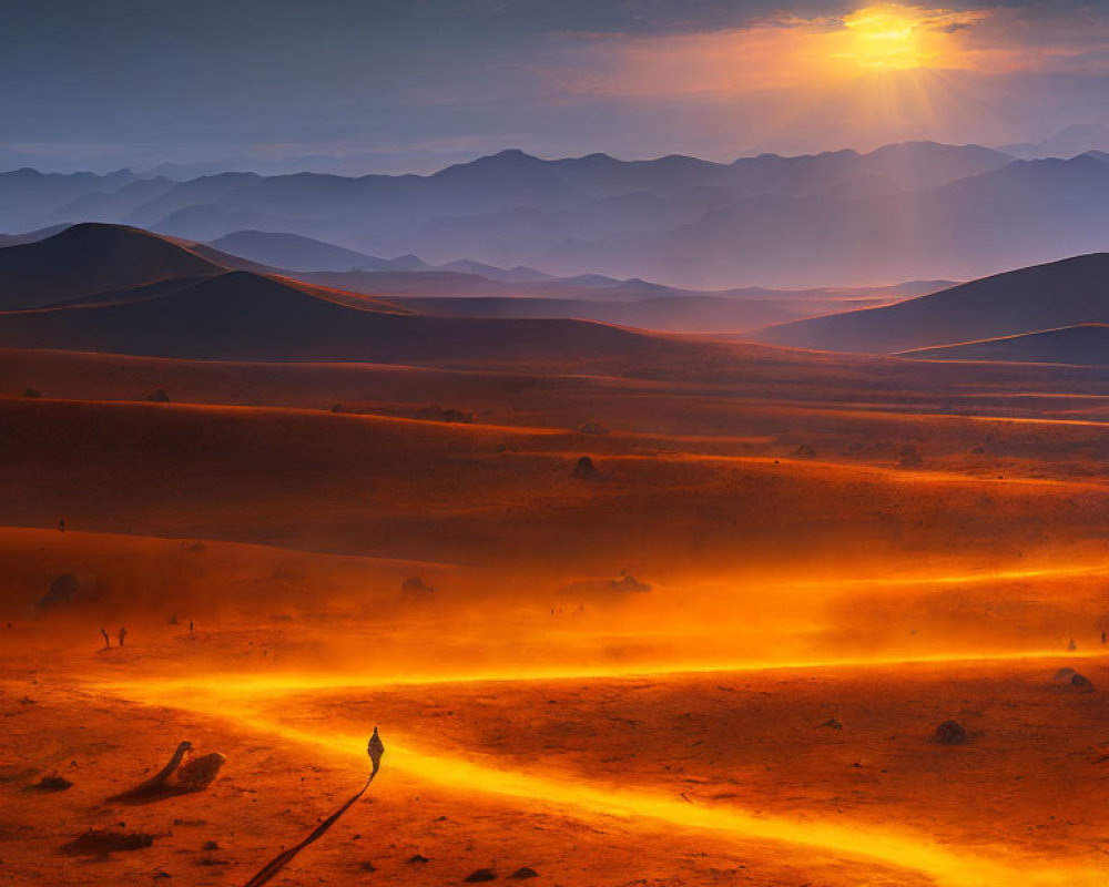 Person standing in sand dunes at sunset with golden light and mystical haze