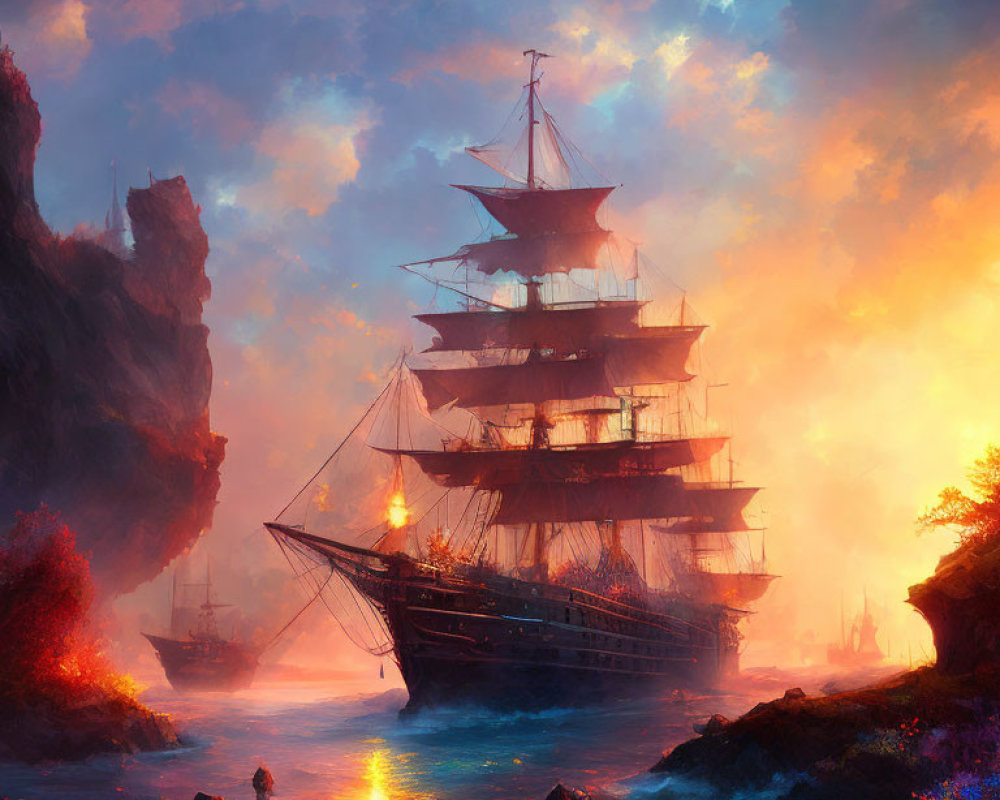 Sailing ship with multiple masts in vibrant sunset scene