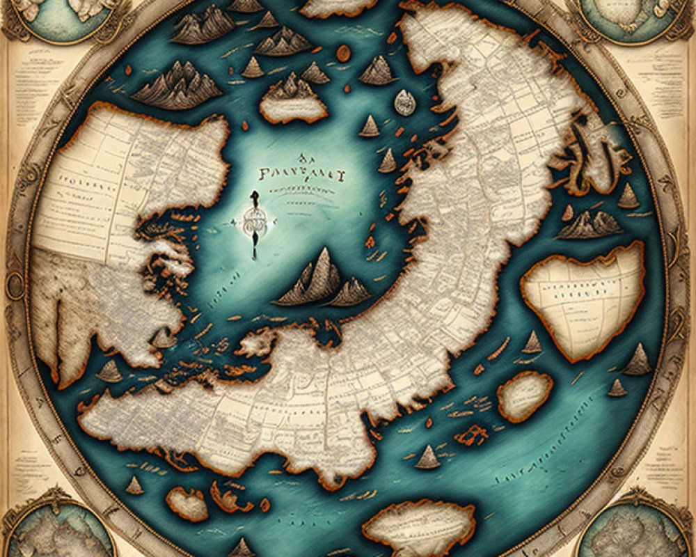 Circular Ocean Map Drawing with Vintage Style and Mythical Creatures