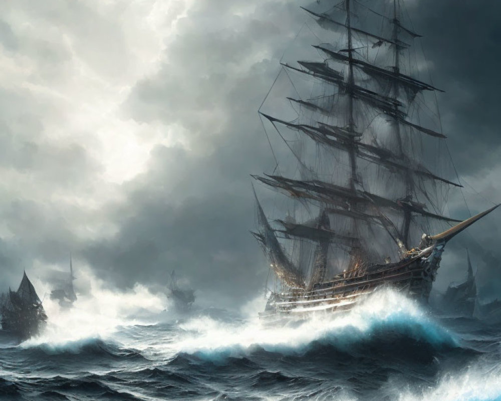 Tall Ship Sailing Through Stormy Seas and Ominous Sky