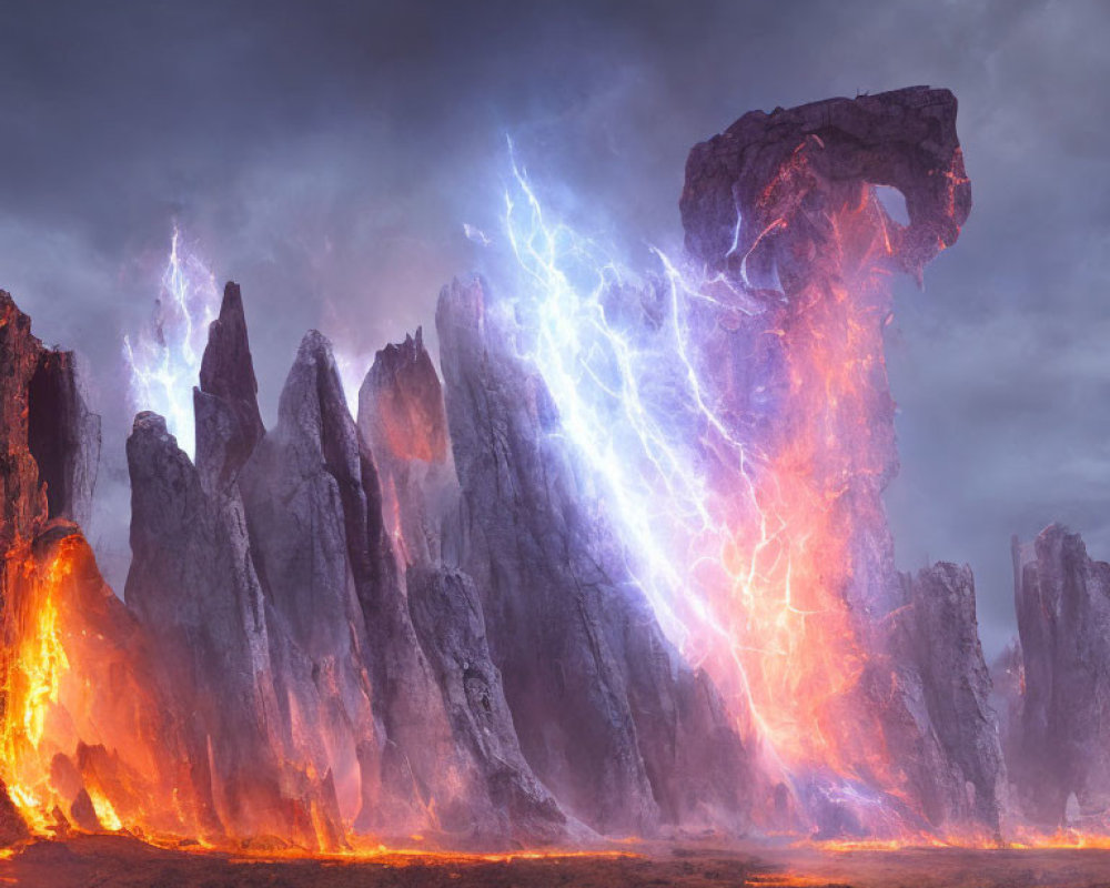 Majestic fiery rock formation struck by blue lightning in stormy landscape