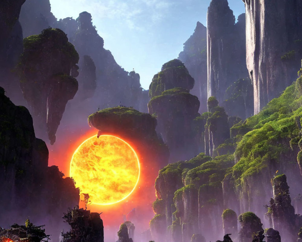 Mystical landscape with moss-covered rock formations and glowing sun