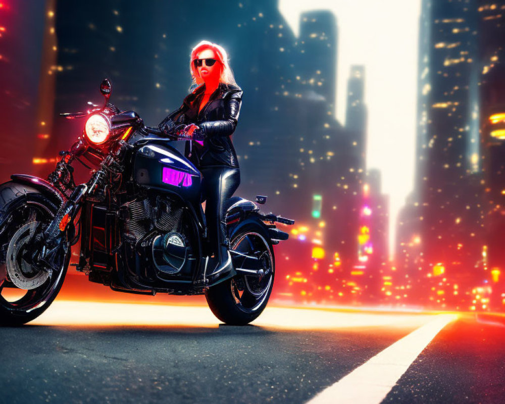 Woman in black leather outfit and red sunglasses on motorcycle in neon-lit cityscape.