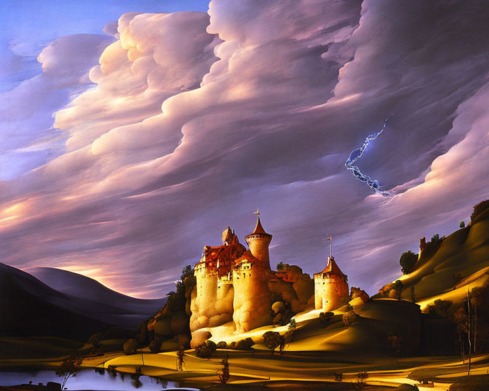 Stormy Sky Castle Painting with Lightning