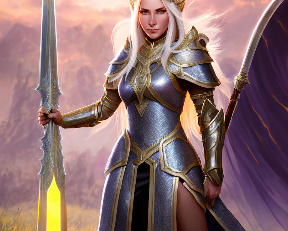 Female warrior in silver armor with crown, sword, and shield against dusky sky