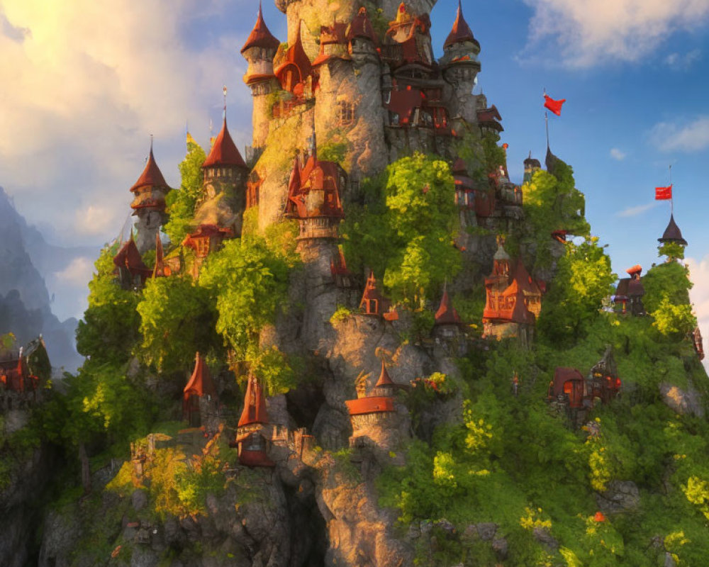 Majestic fantasy castle on cliff with spires, greenery, and sunlight