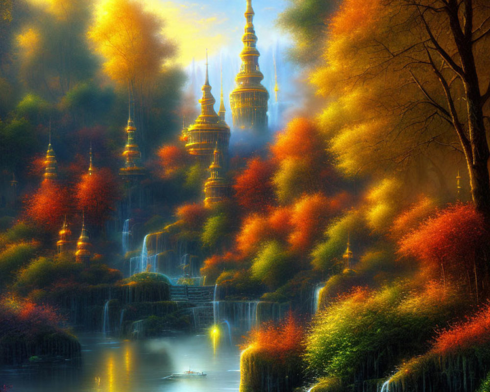 Golden spires and autumn trees in mystical landscape with tranquil water.