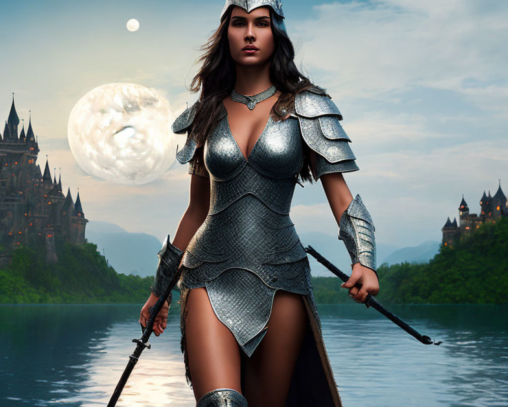 Warrior woman in ornate armor by lake with castle and moon.