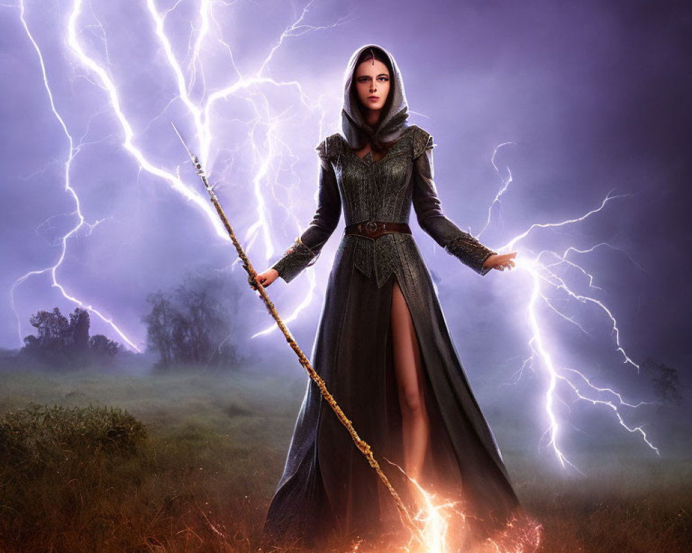 Person in Dark Cloak Stands Amidst Lightning Bolts