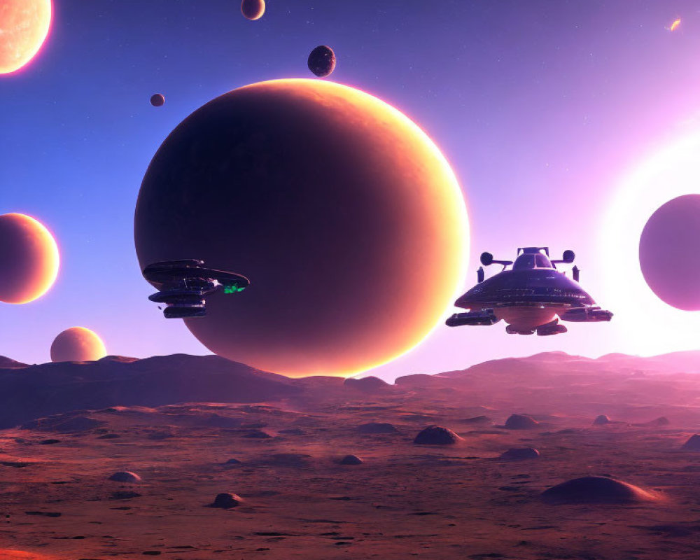 Sci-fi landscape with spaceships over rocky alien planet and large moons in the sky