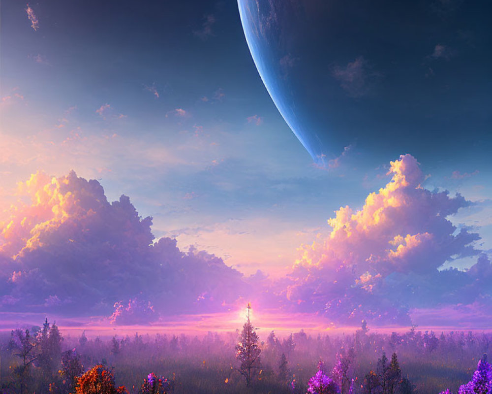 Surreal sunset landscape with forest and large planet in background