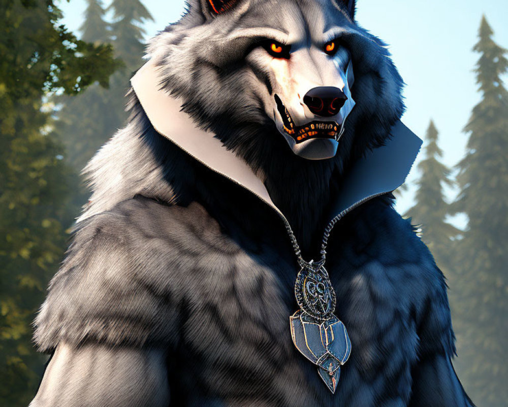 Anthropomorphic wolf with red glowing eyes in forest setting