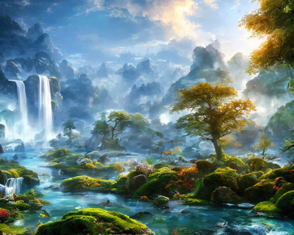 Serene fantasy landscape with waterfalls, greenery, flowers, mountains