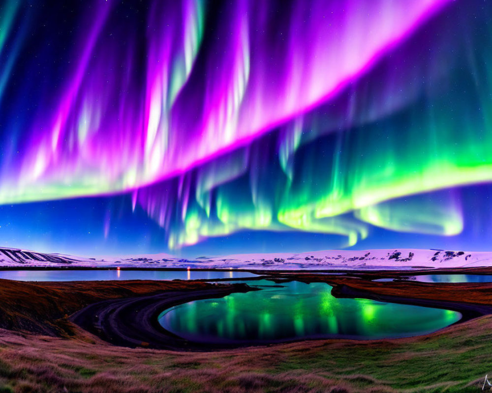 Majestic aurora borealis over snowy mountains and waterway