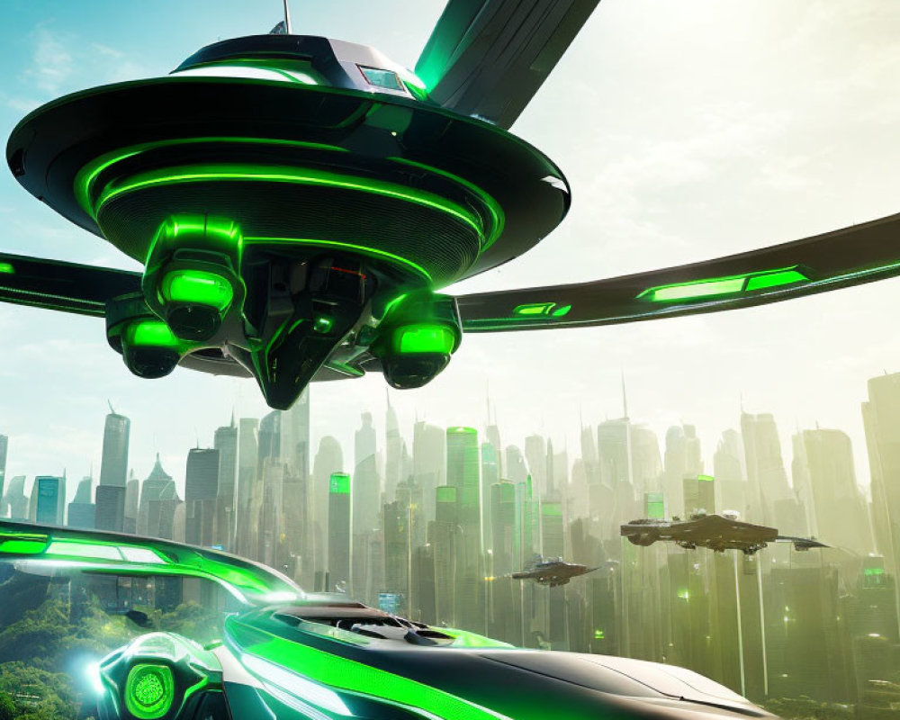 Futuristic cityscape with green-lit flying vehicles and skyscrapers surrounded by lush greenery