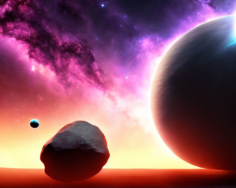 Large planet and moon in cosmic scene with floating rock and starry sky