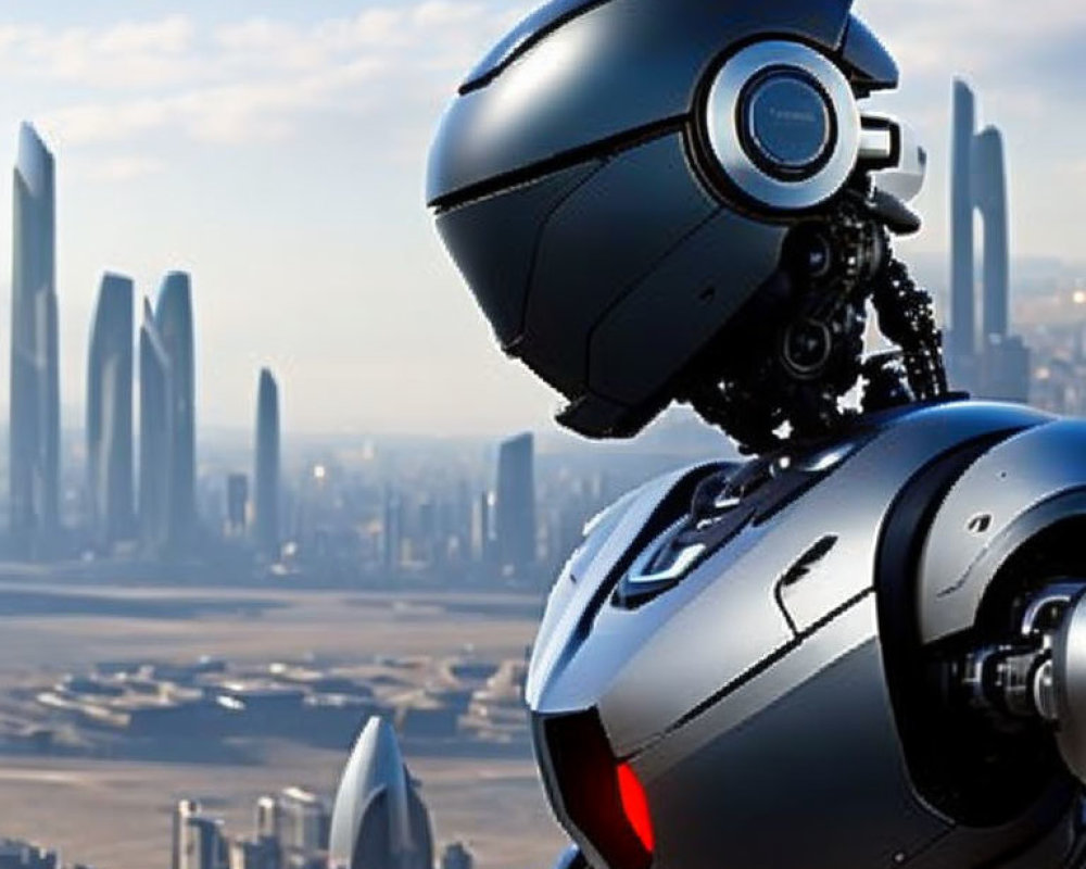 Futuristic robot with helmet head in modern cityscape