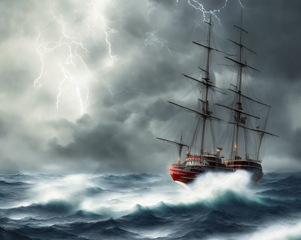 Tall ship with lit lanterns in stormy seas with lightning.