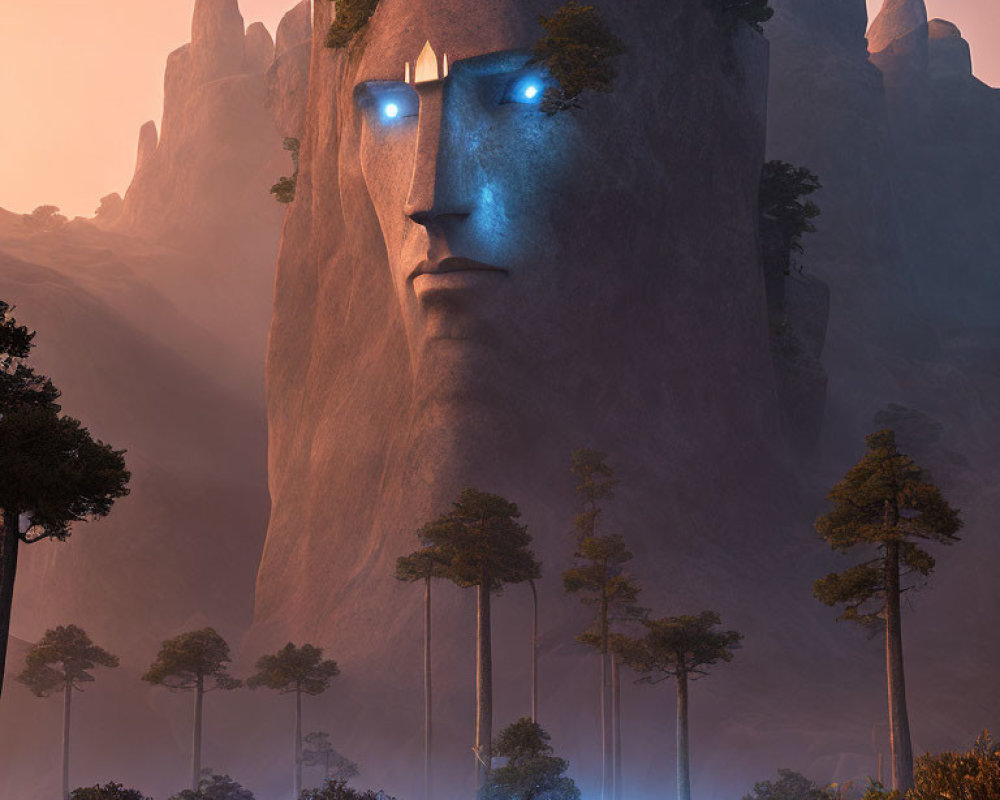 Giant stone face with glowing blue eyes in mystical forest