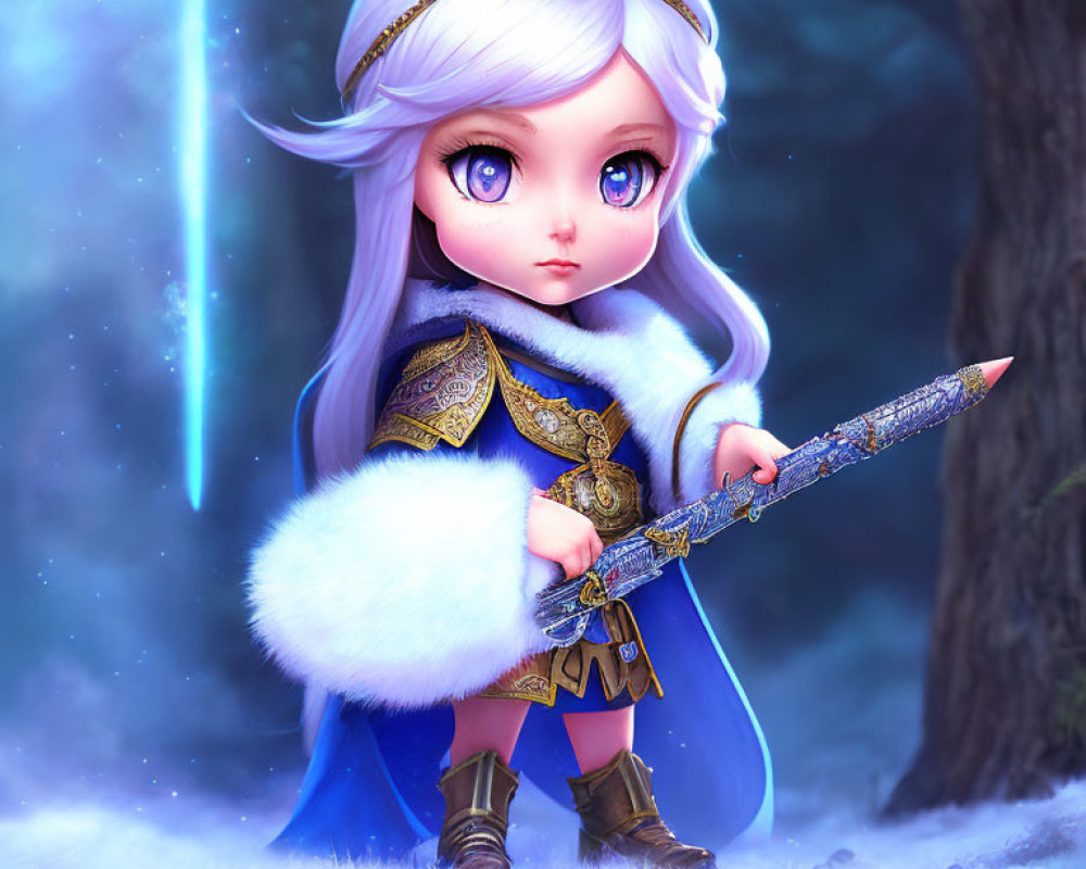 Fantasy character with blue eyes in royal blue outfit in enchanted forest