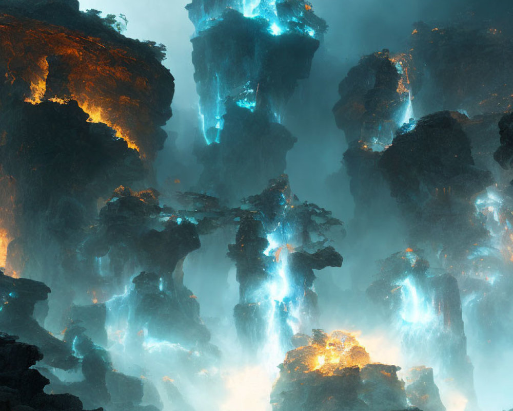 Majestic ethereal rock formations bathed in blue and orange hues