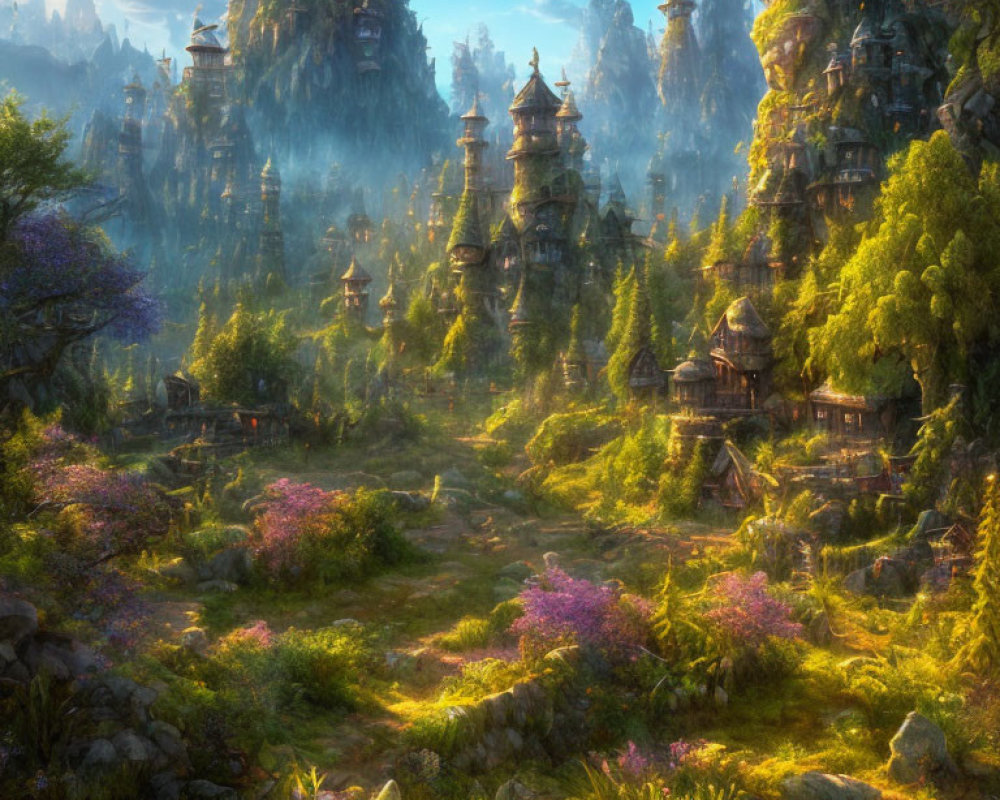 Fantasy landscape with ornate spires in lush greenery