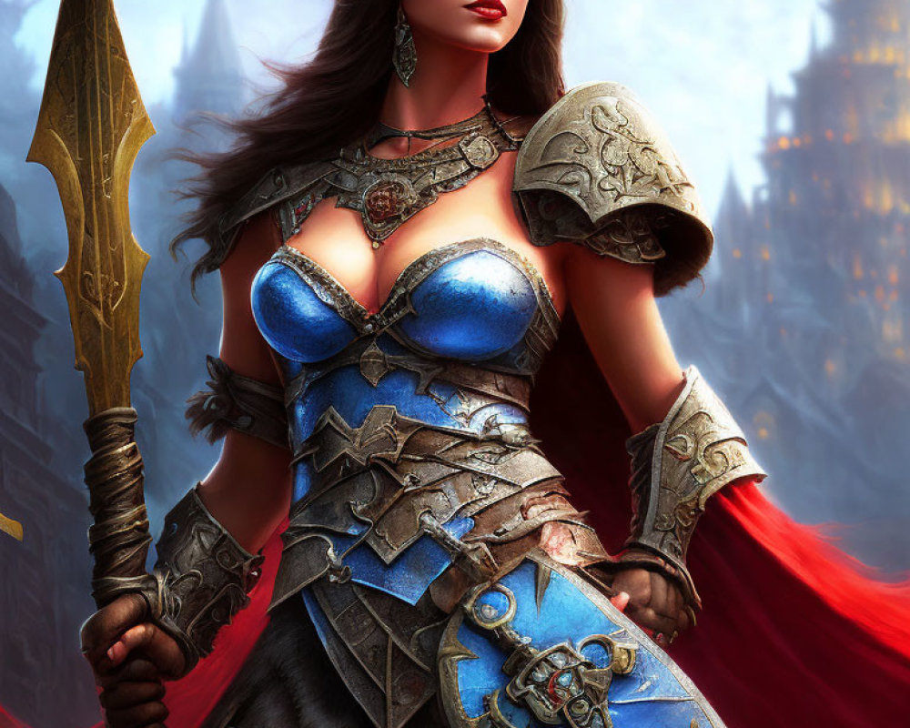 Female warrior in blue and silver armor with red cape and golden spear in misty castle scene