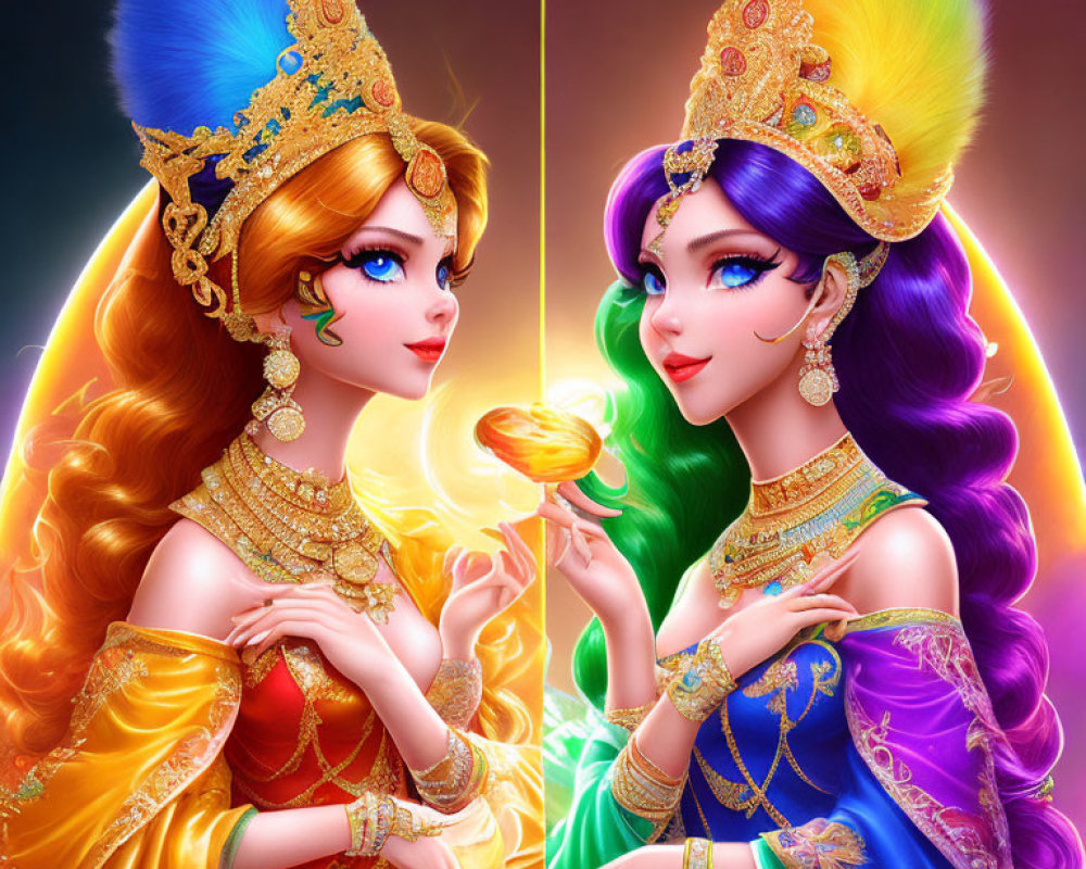 Vibrant animated women in yellow and blue with ornate headdresses and masks against colorful backdrop