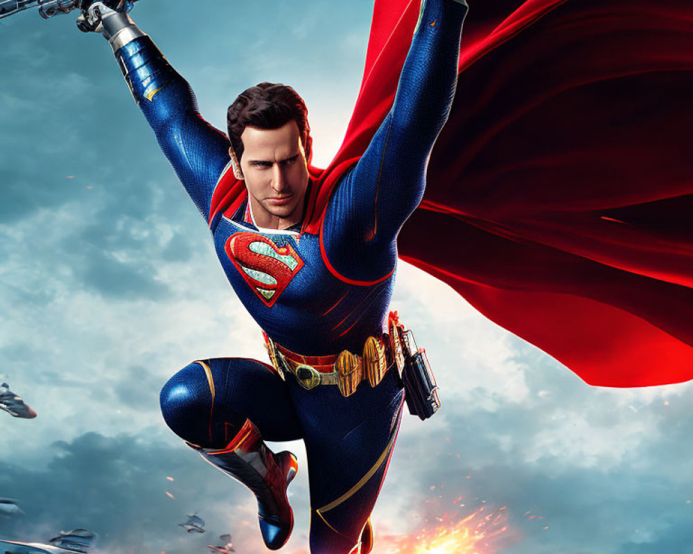 Superhero in red cape and blue suit with 'S' emblem flying towards viewer against fiery explosion sky