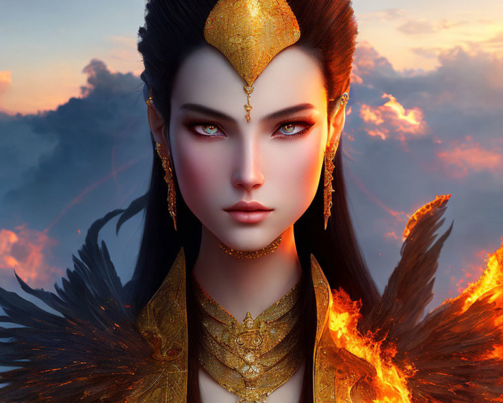 Digital artwork: Female character with golden headpiece and jewelry against cloudy sky with fiery wings