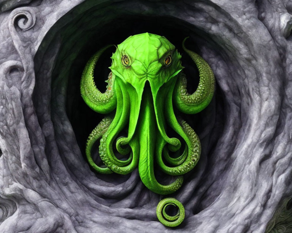 Green Octopus-Like Creature with Tentacles and Prominent Eyes Emerging from Rocky Opening