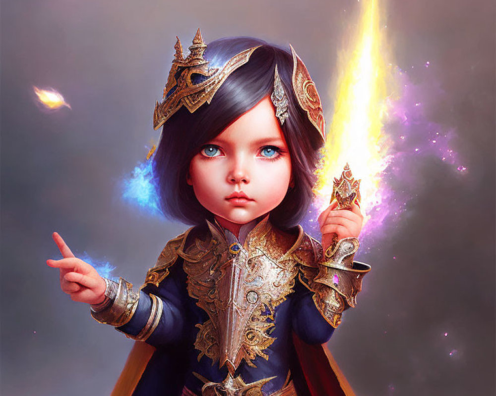 Child in Elegant Fantasy Armor with Glowing Sword in Cosmic Setting