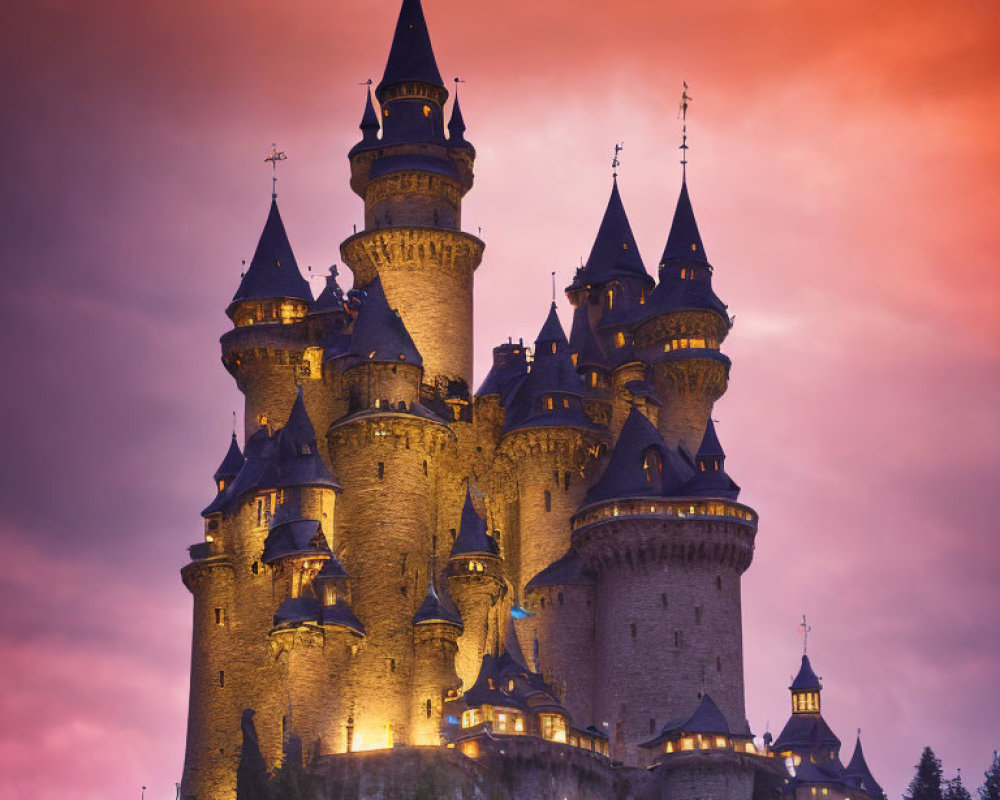 Majestic castle with multiple spires under vibrant sunset sky