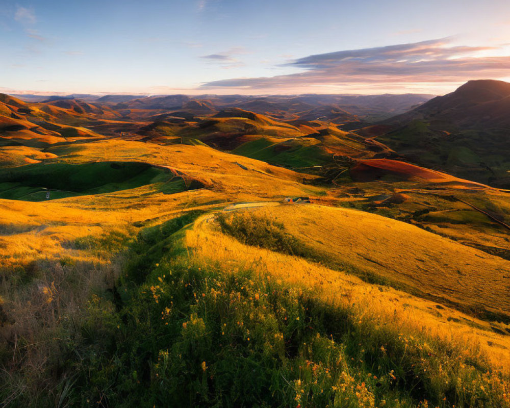 Scenic sunset over rolling hills and winding path through greenery