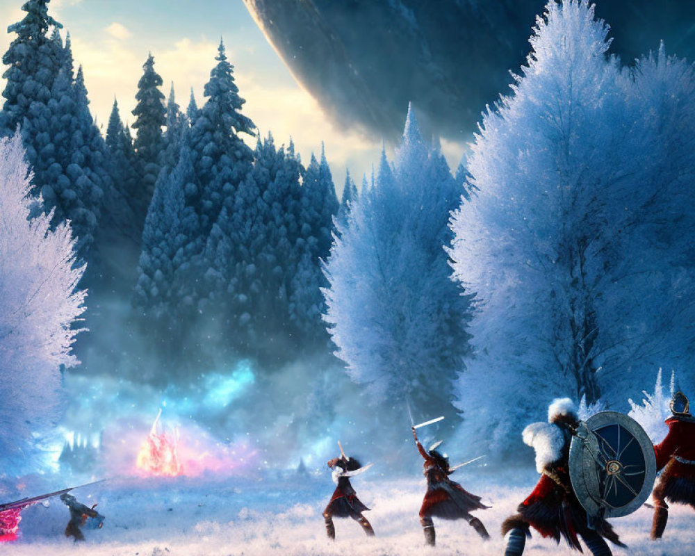 Fantasy warriors in snowy forest with mystical portal and large planet.