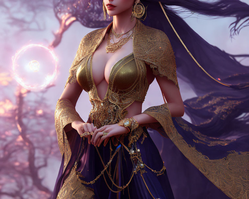 Fantasy female character in gold-trimmed purple outfit with mystical orb