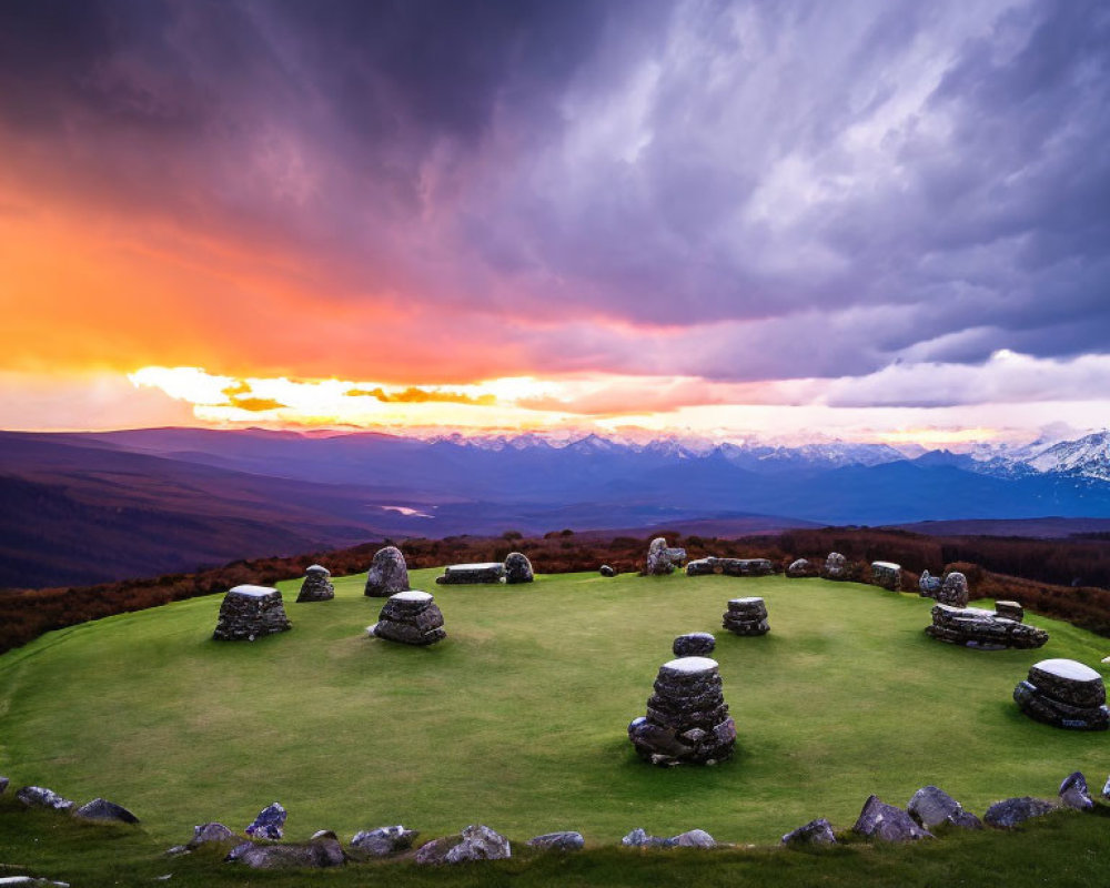 Ancient stone circle at sunset with dramatic sky