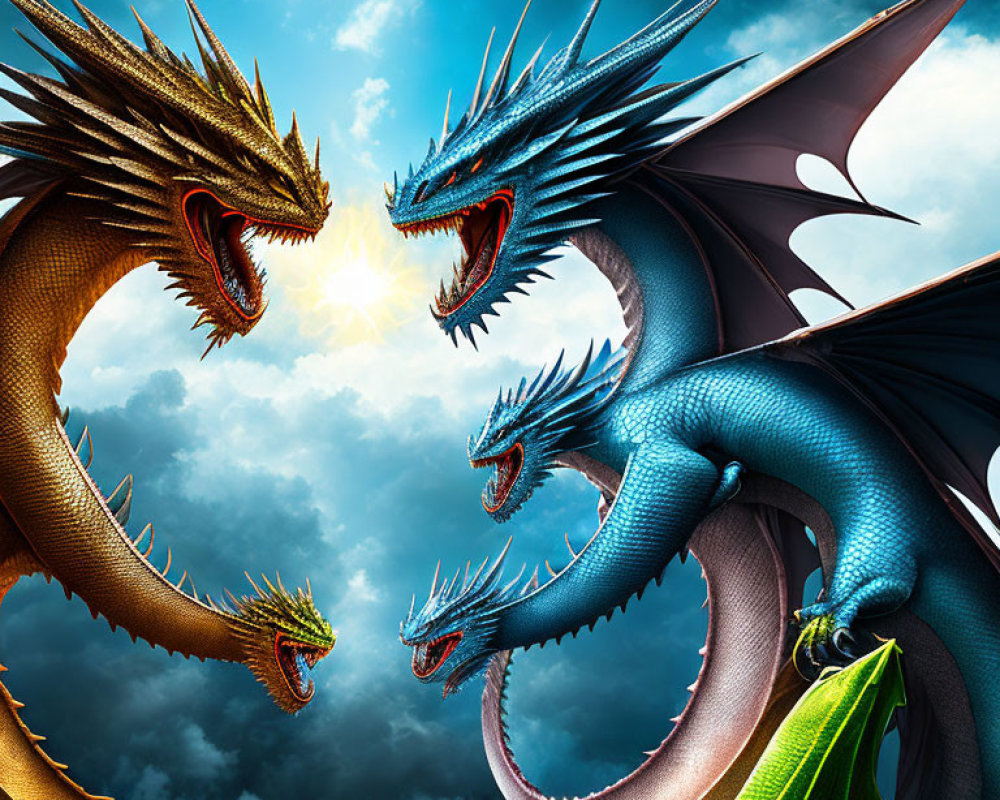 Majestic golden and blue dragons meeting under dramatic sky