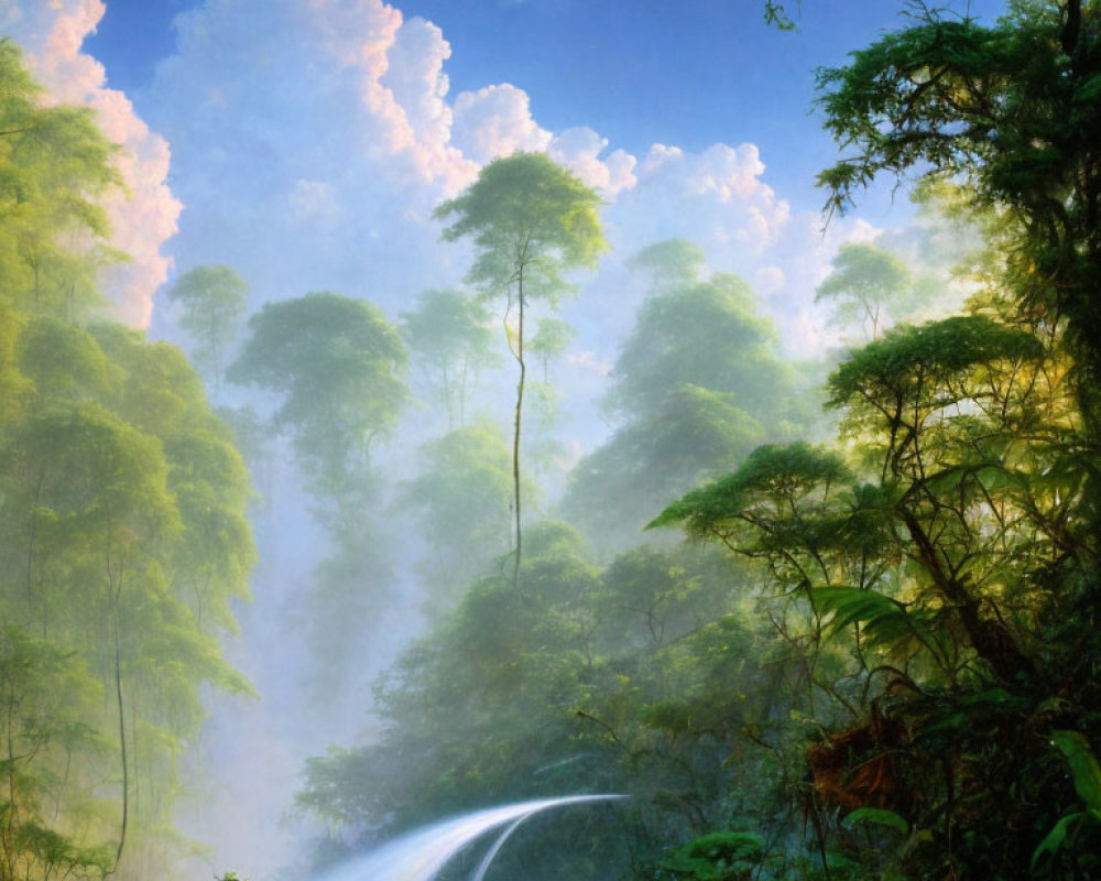 Tranquil waterfall in lush forest under fluffy cloud sky