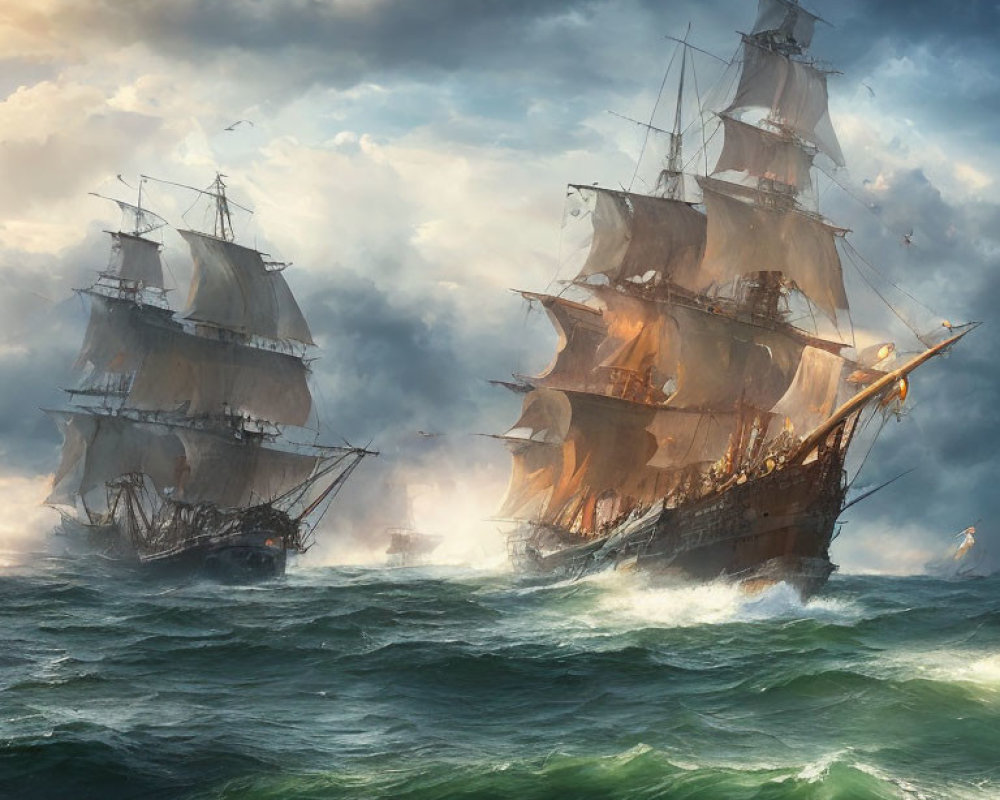 Sailing ships battle on turbulent seas with firing cannons.