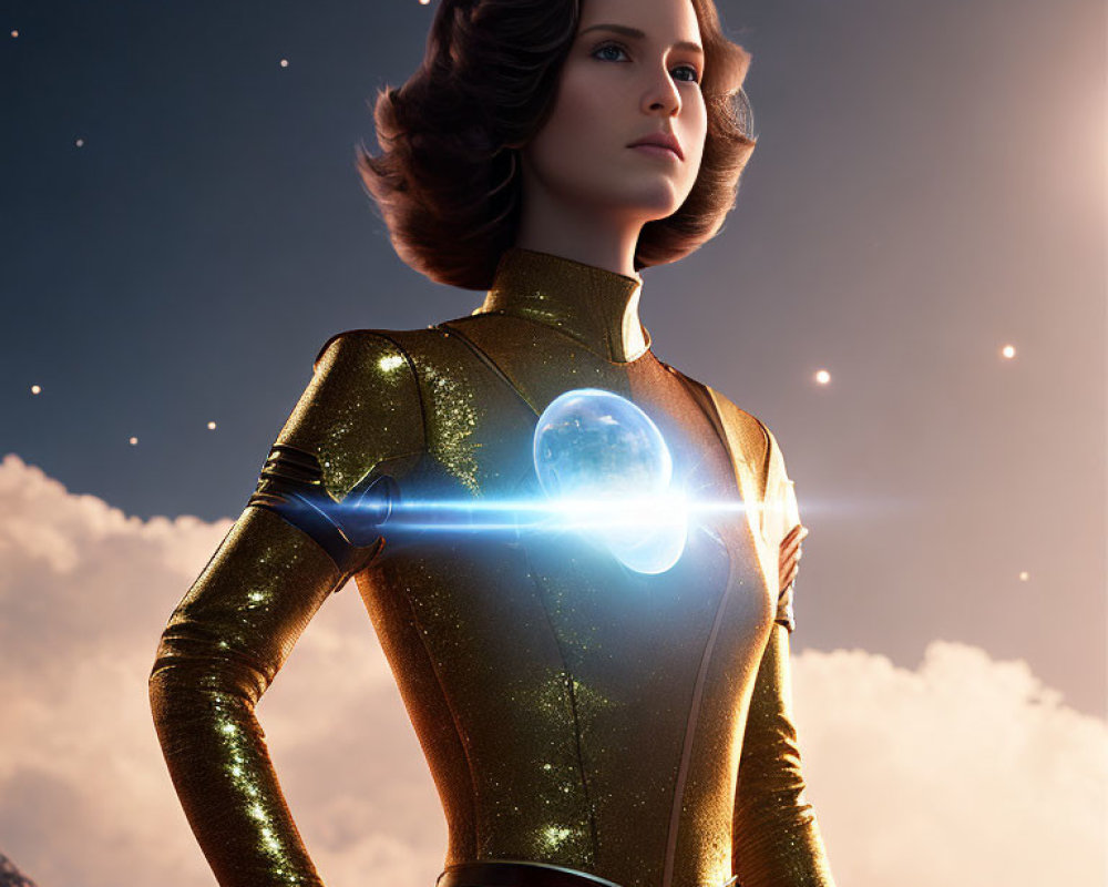 Brown-haired female superhero in gold suit with blue details holds glowing orb under dusky sky