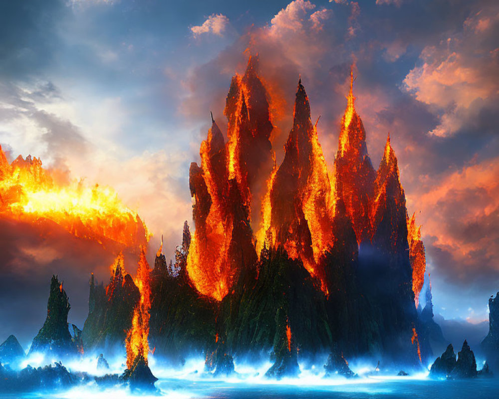 Dramatic volcanic eruptions casting orange glow over rocky spires