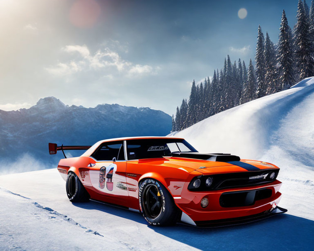 Orange Race Car with Number 98 on Snowy Landscape