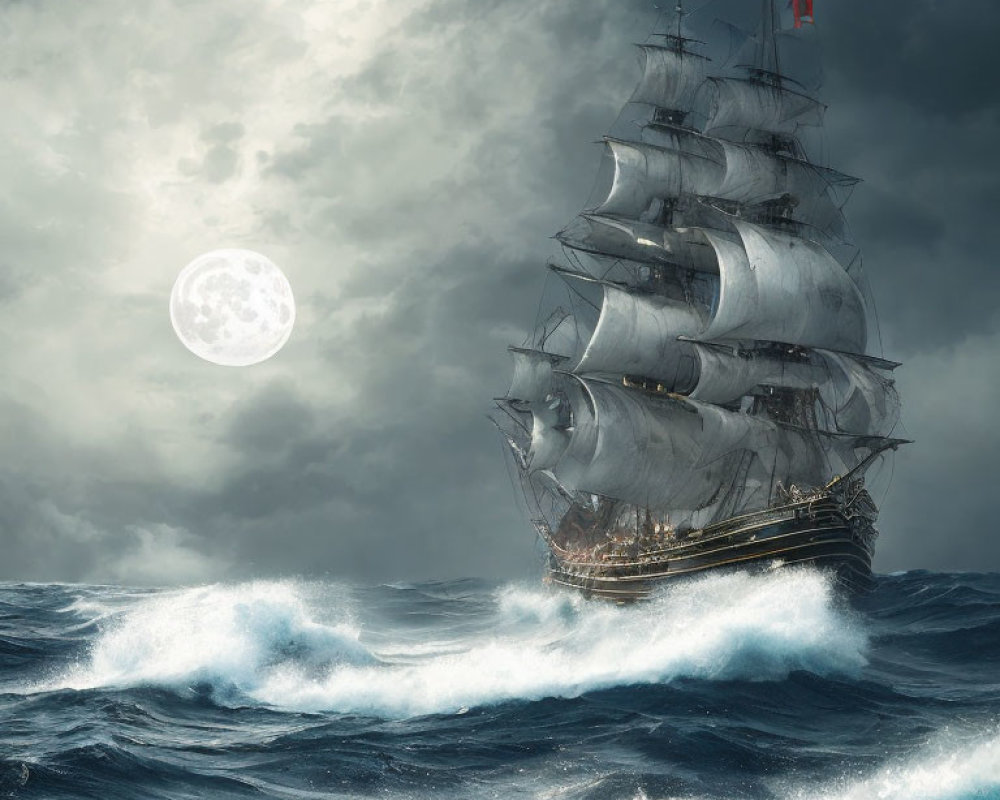 Tall ship sailing stormy seas under a full moon