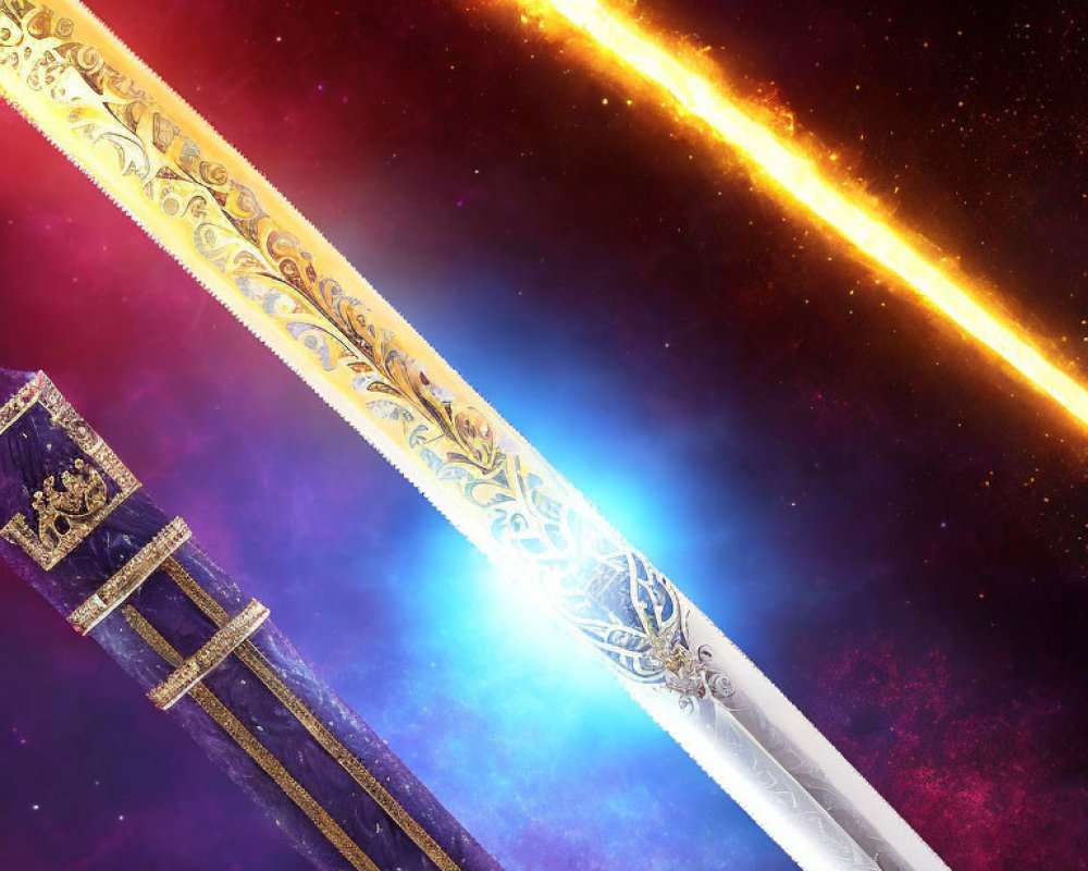 Digital image of golden sword with glowing blade in cosmic setting