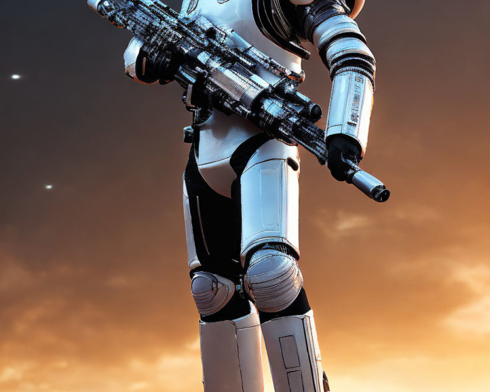 Futuristic white robot with rifle against orange sky