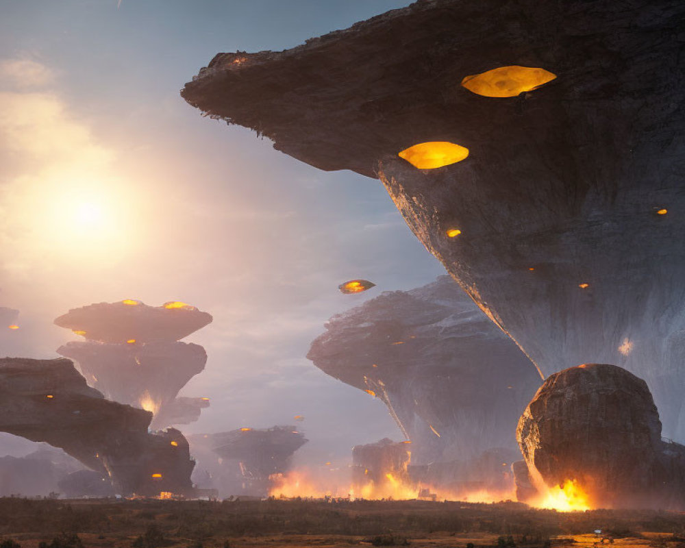 Glowing rock formations above fiery ground at sunset