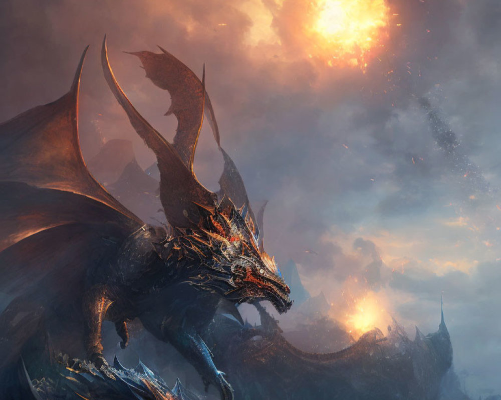 Majestic dragon breathing fire in smoldering sky