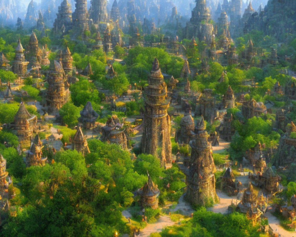 Ancient stone temples in lush, vibrant landscape