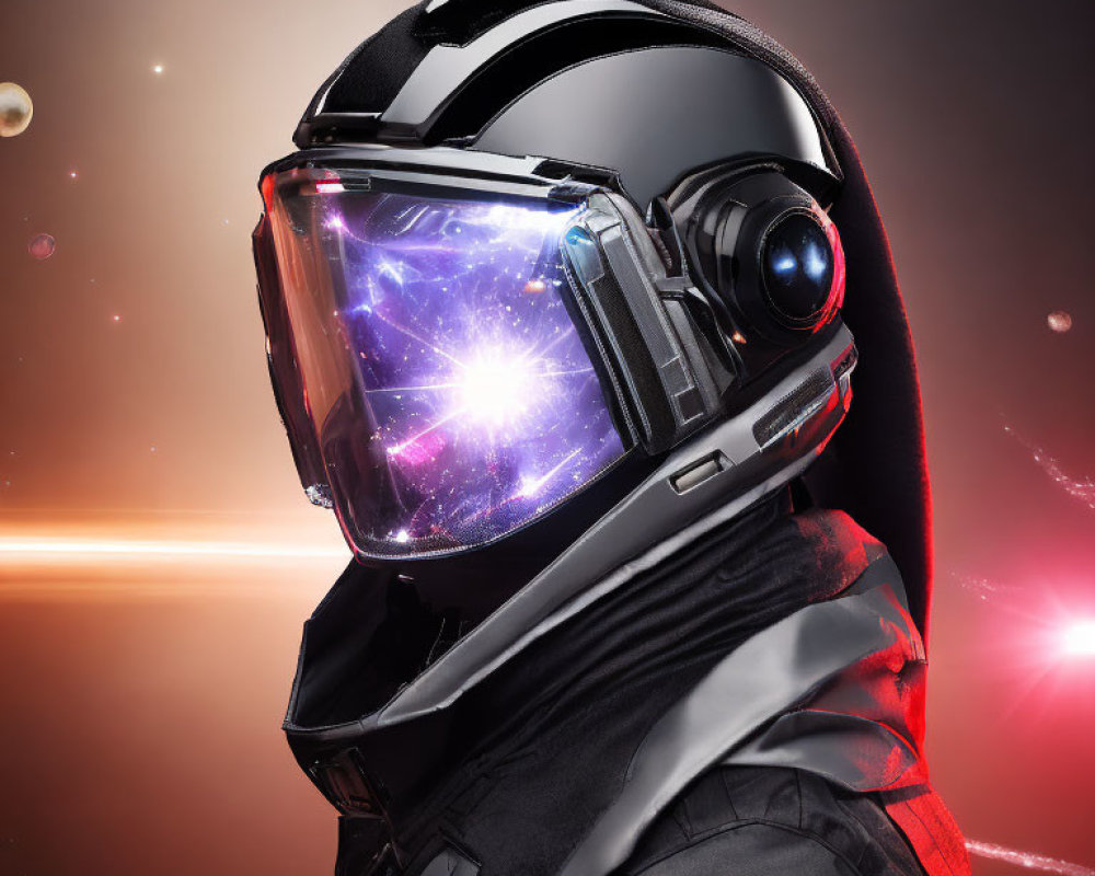 Astronaut with galaxy reflection in visor against cosmic background